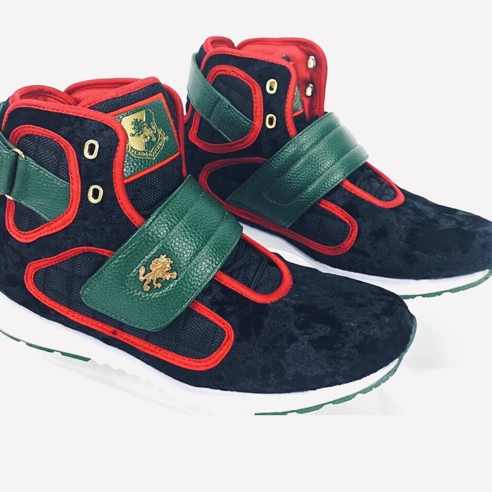 Vlado Atlas III high-top sneaker in black velvet with green and red accents.